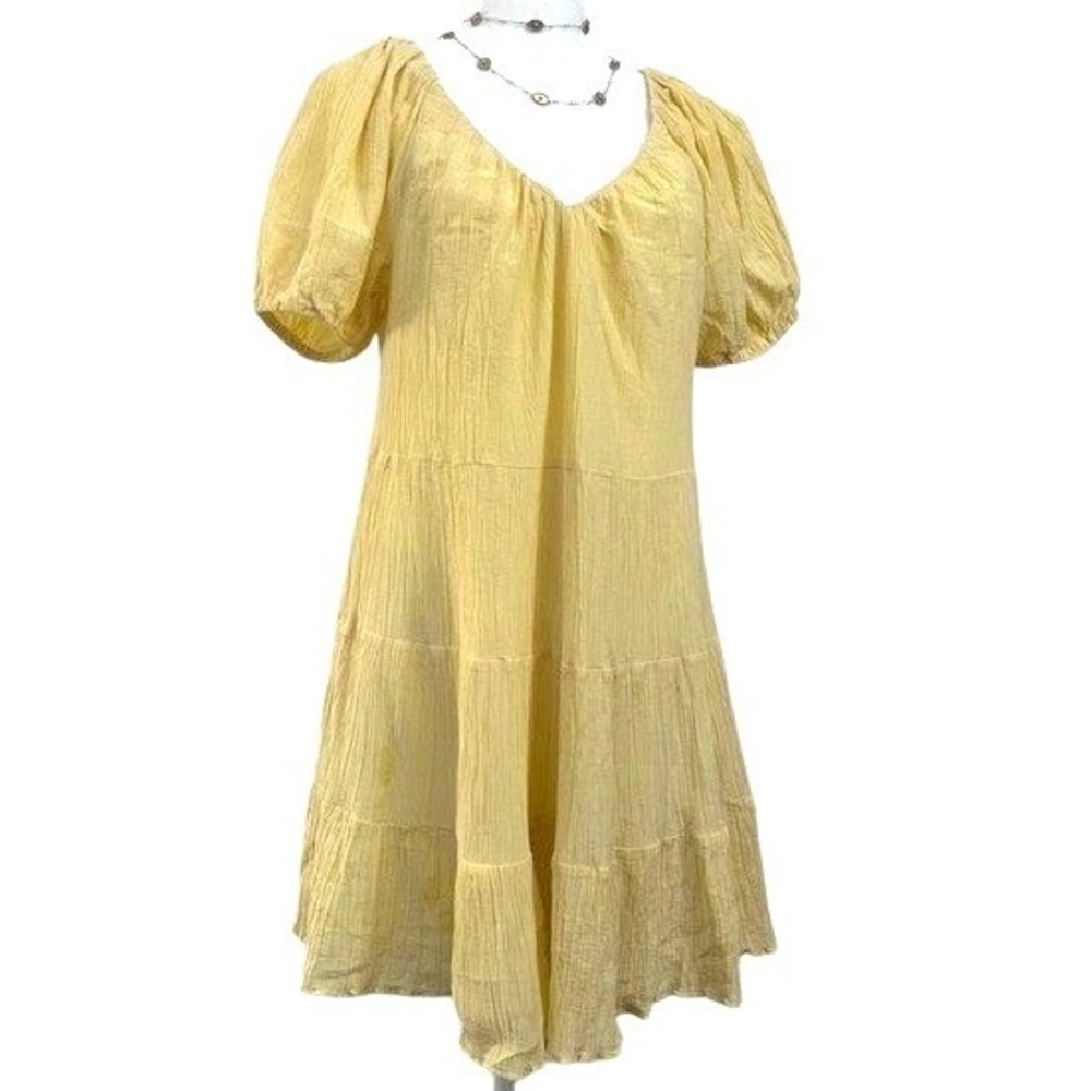 Rebecca Taylor Tiered Silk‎ Blend Puff Sleeve Dress Yellow Medium
